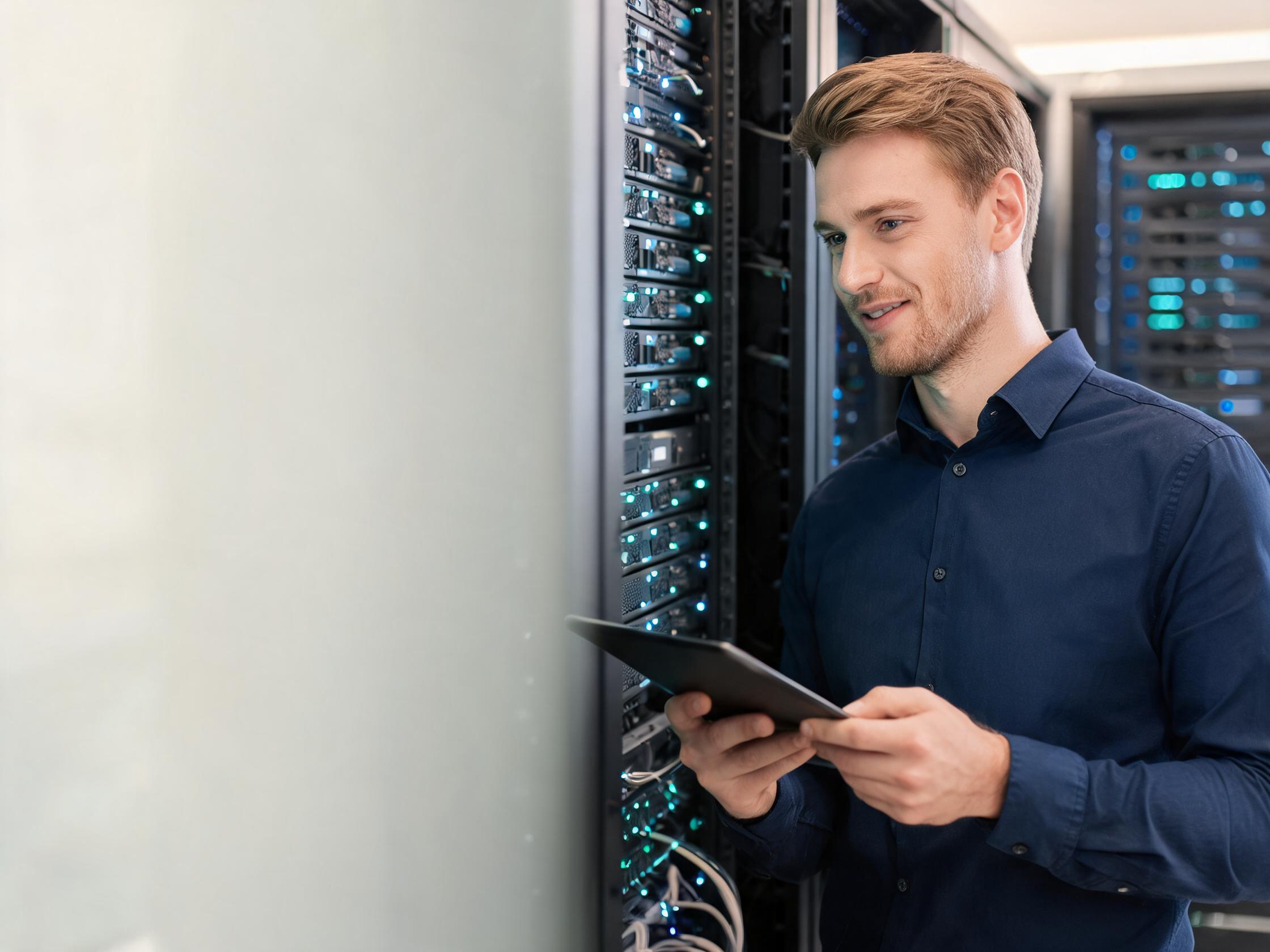 Intelligent Networx engineer reviewing a server rack in a client office